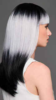 Model is wearing MIDNIGHT MOONLIGHT | Deep roots fade into a luminous silver-grey with inky dip-dyed ends.