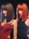 Model 1 is wearing color SS13/88T DEEP ROOT GLAZED PECAN | deep, dark brown root that blends into a mix of warm pecan brown and light golden blonde tones. Model 2 is wearing SS31 ROOTED FLAME | Rich Red with orange highlights throughout