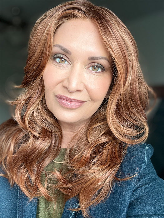 Emily H. @she_sheds_more wearing HANA by NORIKO in color Venetian Red R | A beautiful red shade that mixes pale copper, soft mahogany, and warm burnt-toffee cherry tones. The rich chestnut roots add dimension and depth. 