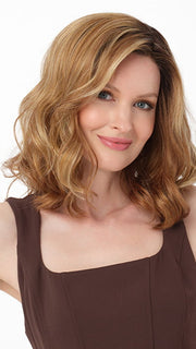 HARMONY by ENVY in color GOLDEN-NUTMEG | Medium Brown roots with overall Warm Cinnamon base and Golden Blonde highlights