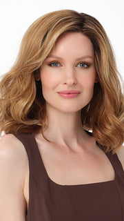 HARMONY by ENVY in color GOLDEN-NUTMEG | Medium Brown roots with overall Warm Cinnamon base and Golden Blonde highlights