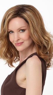 HARMONY by ENVY in color GOLDEN-NUTMEG | Medium Brown roots with overall Warm Cinnamon base and Golden Blonde highlights