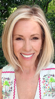 Shannon @shannonwigsout is wearing HAUTE by JON RENAU in shade 101/88/27S8 CATALINA BLONDE | Pale blonde with Pure White Natural Violet halo highlights, shaded medium brown