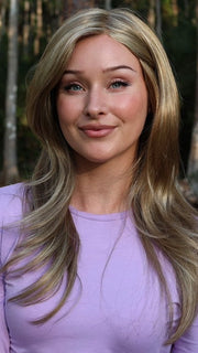 Heather @cjswigs wearing SHILO by NORIKO in color SPRING HONEY | Honey Blonde Evenly Blended with Gold Platinum Blonde