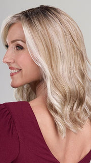 Model is wearing HEIDI by JON RENAU in color 101/88/27S8 CATALINA BLONDE | Pale blonde with Pure White Natural Violet halo highlights, shaded medium brown