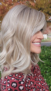 Natalie Gray @vanish.into.thin.hair wearing HEPBURN by BELLE TRESS in color MILKSHAKE BLONDE-R | A mixture of Light Sandy Brown, Highlighted with Light Ash Blonde with a Hint of Light Platinum Blonde with a Medium Root Color
