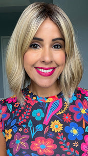 Lorena @faux.hurr.lifee wearing HOLLIE PETITE by JON RENAU in color 12FS8 SHADED PRALINE | Light Gold Brown, Light Natural Gold Blonde & Pale Natural Gold-Blonde Blend, Shaded with Medium Brown