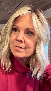 Susan @an_affair_with_hair wearing HOLLIE by JON RENAU in color 101/88/27S8 CATALINA BLONDE | Pale blonde with Pure White Natural Violet halo highlights, shaded medium brown