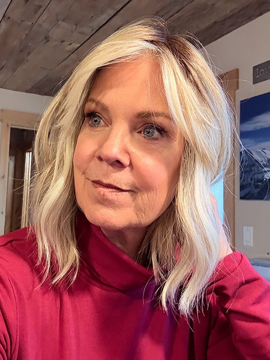 Susan @an_affair_with_hair wearing HOLLIE by JON RENAU in color 101/88/27S8 CATALINA BLONDE | Pale blonde with Pure White Natural Violet halo highlights, shaded medium brown