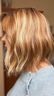 Eileen @crazywiglady is wearing HOLLIE PETITE by JON RENAU in color 10RH16 CAFFE MOCHA | Light Brown with 33% Light Natural Blonde Highlights
