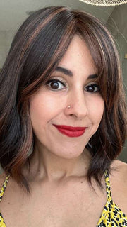 Lorena @faux.hurr.lifee wearing HOLLIE by JON RENAU in color FS4/33/30A MIDNIGHT COCOA | Dark Brown, Medium Red, Medium Natural Red Blonde/Brown Blend with Medium Natural Red Blonde/Brown Blend Bold Highlights