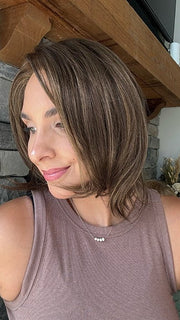 Danielle @wighair_dontcare wearing CAMERON LITE by JON RENAU in 8RH14 MOUSSE CAKE | Medium Brown with 33% Medium Natural Blonde Highlights