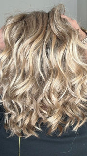 Emily @she_sheds_more wearing MILA by JON RENAU in color 12FS8 SHADED PRALINE | Light Gold Brown, Light Natural Gold Blonde & Pale Natural Gold-Blonde Blend, Shaded with Medium Brown