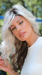 Roxie wearing color ICY-SHADOW | Iced Blonde dusted with Soft Sand and Golden Brown Underneath