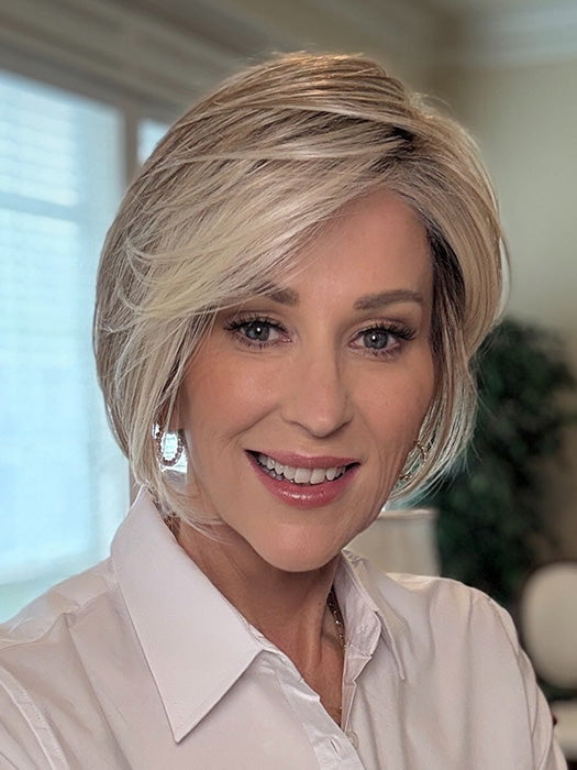 Eileen @crazywiglady is wearing IGNITE by JON RENAU in color 101/88/27S8 CATALINA BLONDE | Pale blonde with Pure White Natural Violet halo highlights, shaded medium brown