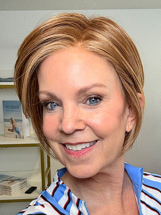 Susan Sparks @an_affair_with_hair wearing IGNITE by JON RENAU in color FS27 STRAWBERRY SYRUP | Medium Red-Gold Blonde with Gold Blonde Bold Highlights