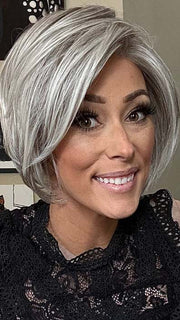 Nichole Corbett @nicholealee wearing IGNITE by JON RENAU in color 56F51 OYSTER | Light Grey with 20% Medium Brown Front, graduating to Grey with 30% Medium Brown Nape