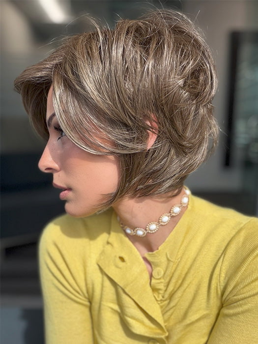 Model is wearing IVY by JON RENAU in shade 8RH14 MOUSSE CAKE | Medium Brown with 33% Medium Natural Blonde Highlights