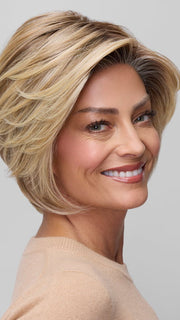 Model is wearing IVY in 12FS8 | SHADED PRALINE | Light Gold Brown, Light Natural Gold Blonde & Pale Natural Gold-Blonde Blend, Shaded with Medium Brown
