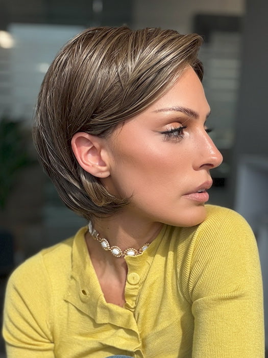 Model is wearing IVY by JON RENAU in shade 8RH14 MOUSSE CAKE | Medium Brown with 33% Medium Natural Blonde Highlights