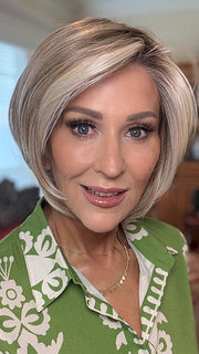 Eileen @crazywiglady is wearing IVY by JON RENAU in color 101/88/27S8 CATALINA BLONDE | Pale blonde with Pure White Natural Violet halo highlights, shaded medium brown