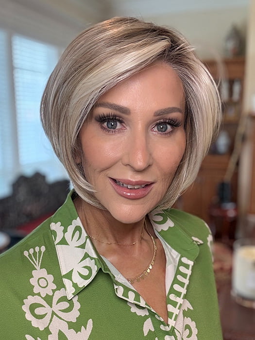Eileen @crazywiglady is wearing IVY by JON RENAU in color 101/88/27S8 CATALINA BLONDE | Pale blonde with Pure White Natural Violet halo highlights, shaded medium brown