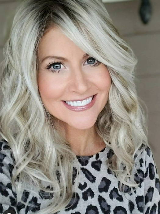Natalie Gray @vanish.into.thin.hair wearing RACHEL by JON RENAU in color FS17/101S18 PALM SPRINGS BLONDE | Light Ash Blonde with Pure White Natural Violet Bold Highlights, Shaded with Dark Natural Ash Blonde
