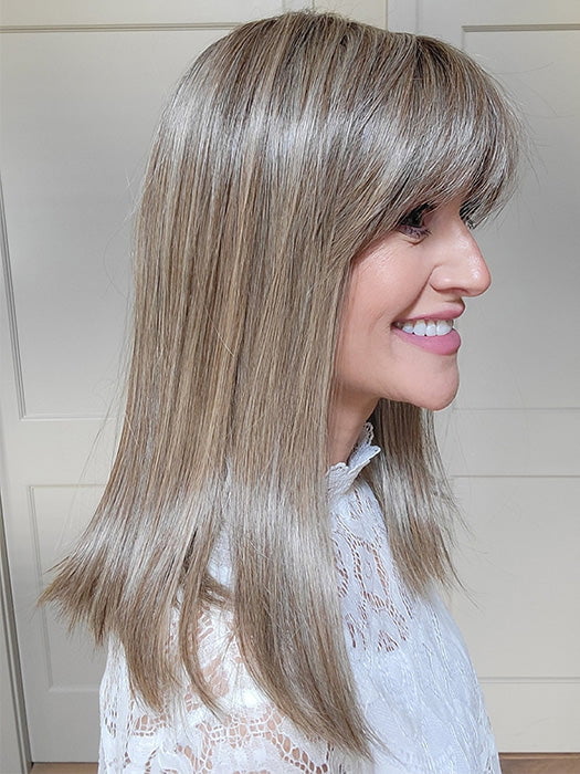 Natalie Gray @vanish.into.thin.hair wearing JACKY by ELLEN WILLE in color SAND MULTI ROOTED | Medium Ash Blonde Blended with Light Neutral Blonde and Lightest Brown with Shaded Roots
