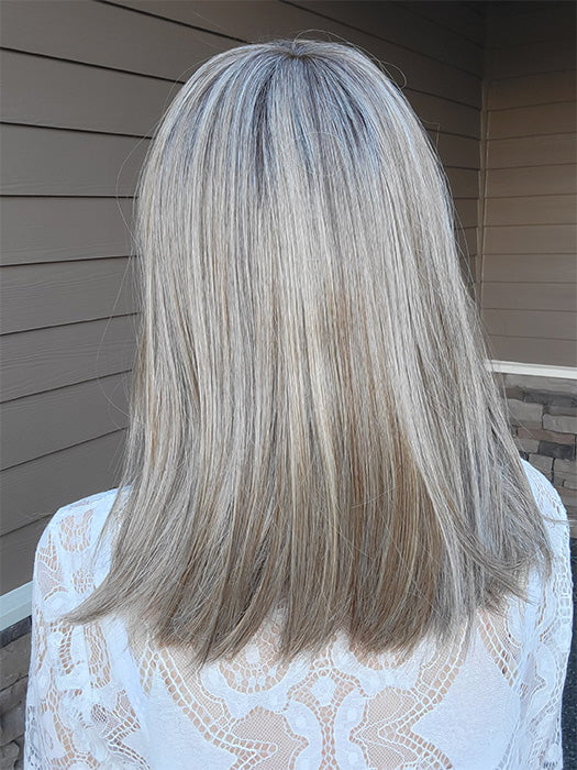 Natalie Gray @vanish.into.thin.hair wearing JACKY by ELLEN WILLE in color SAND MULTI ROOTED | Medium Ash Blonde Blended with Light Neutral Blonde and Lightest Brown with Shaded Roots