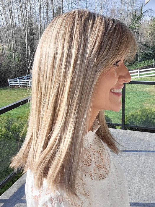 Natalie Gray @vanish.into.thin.hair wearing JACKY by ELLEN WILLE in color SAND MULTI ROOTED | Medium Ash Blonde Blended with Light Neutral Blonde and Lightest Brown with Shaded Roots
