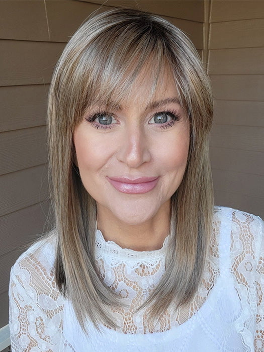 Natalie Gray @vanish.into.thin.hair wearing JACKY by ELLEN WILLE in color SAND MULTI ROOTED | Medium Ash Blonde Blended with Light Neutral Blonde and Lightest Brown with Shaded Roots