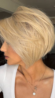 Jenna Fail @jenna_fail wearing JAGGER by ESTETICA in color SUNLIT-BLONDE | Soft Blend of Sandy Blonde, Lightest Blonde and Iced Blonde with a Light Golden Brown Root