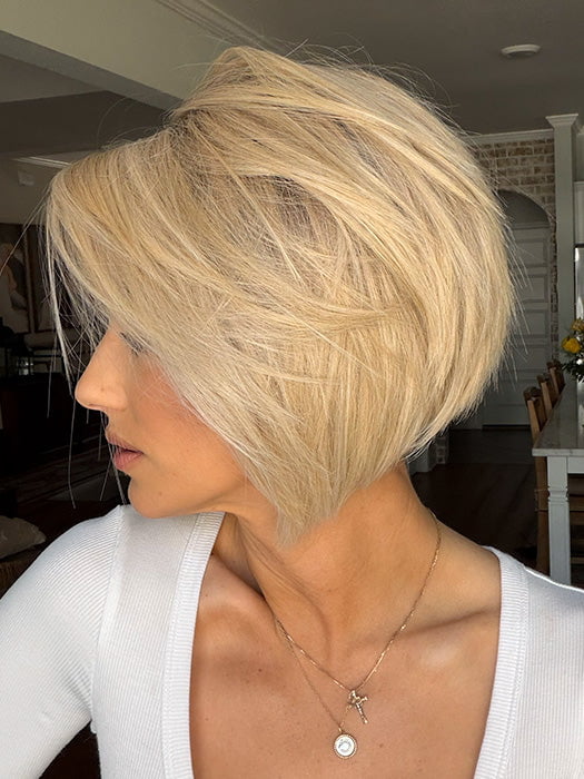 Jenna Fail @jenna_fail wearing JAGGER by ESTETICA in color SUNLIT-BLONDE | Soft Blend of Sandy Blonde, Lightest Blonde and Iced Blonde with a Light Golden Brown Root