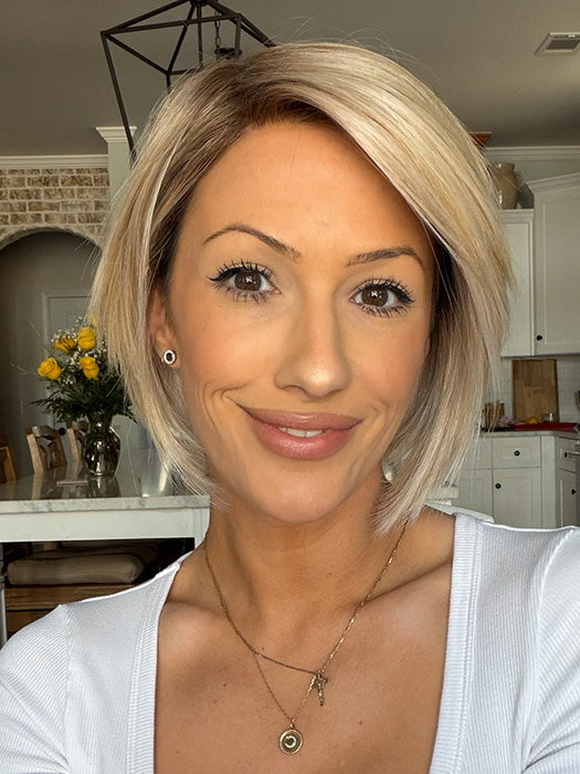 Jenna Fail @jenna_fail wearing JAGGER by ESTETICA in color SUNLIT-BLONDE | Soft Blend of Sandy Blonde, Lightest Blonde and Iced Blonde with a Light Golden Brown Root