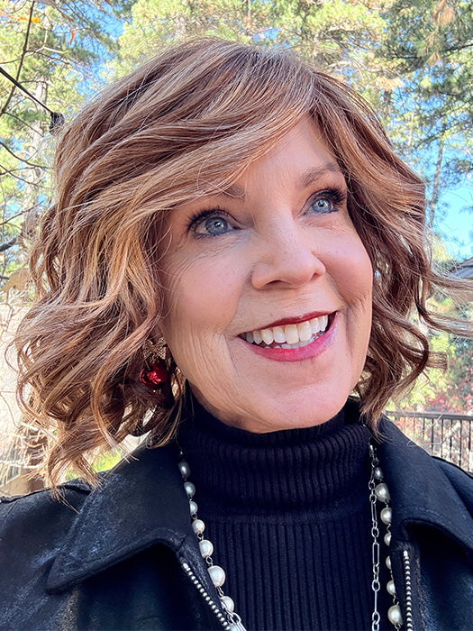 Susan @an_affair_with_hair wearing JANUARY HAND-TIED by JON RENAU in color FS27 STRAWBERRY SYRUP | Medium Red-Gold Blonde with Gold Blonde Bold Highlights