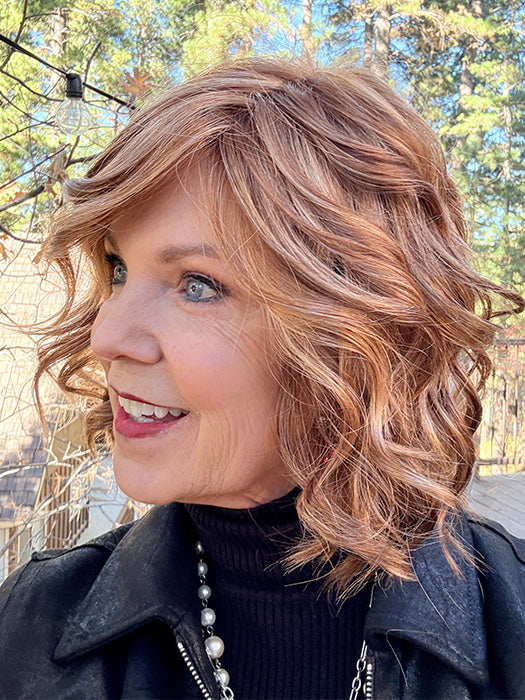 Susan @an_affair_with_hair wearing JANUARY HAND-TIED by JON RENAU in color FS27 STRAWBERRY SYRUP | Medium Red-Gold Blonde with Gold Blonde Bold Highlights