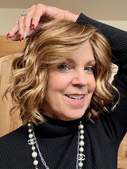 Susan @an_affair_with_hair wearing JANUARY HAND-TIED by JON RENAU in color FS27 STRAWBERRY SYRUP | Medium Red-Gold Blonde with Gold Blonde Bold Highlights