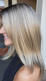 Natalie Gray @vanish.into.thin.hair wearing JILLIAN by JON RENAU in color 22F16S8 VENICE BLONDE | Light Ash Blonde and Light Natural Blonde Blend Shaded with Medium Brown