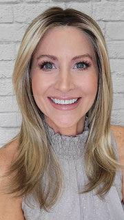 Natalie Gray @vanish.into.thin.hair wearing JILLIAN by JON RENAU in color 22F16S8 VENICE BLONDE | Light Ash Blonde and Light Natural Blonde Blend Shaded with Medium Brown