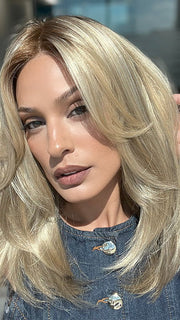 Model is wearing JILLIAN by JON RENAU in color 12FS12 MALIBU BLONDE | LIght Gold Brown, Light Natural Gold Blonde, Pale Natural Gold-Blonde Blend, Shaded with Light Gold Brown