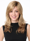 Model is wearing JOY by ENVY in color SPARKLING-CHAMPAGNE | Medium Brown roots with overall Strawberry Blonde base and soft Golden Blonde highlights