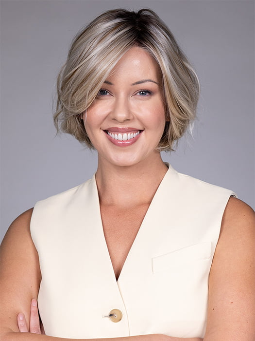 Model is wearing KATE by BELLETRESS in color BUTTERBEER R | Dark Brown Base and Root that transitions smoothly into a buttery blonde, infused with creamy honey and toffee tones