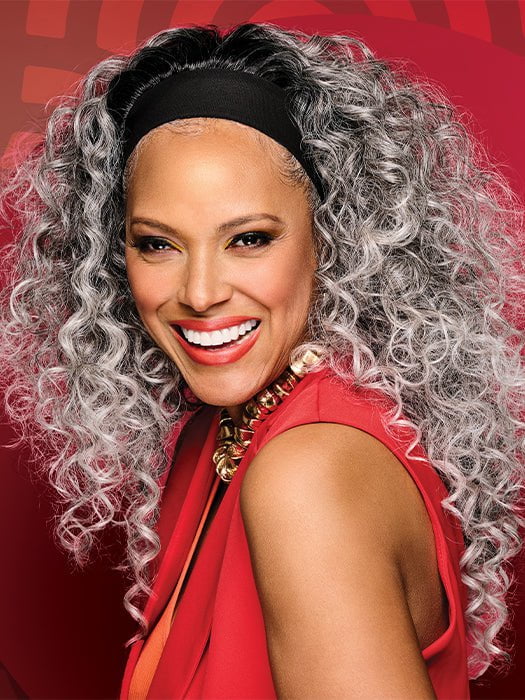 26in LONG CURLED HEADBAND by Kim Kimble in MC511SS POWDERED LICORICE | Dark Grey with Light Grey Highlights