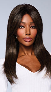 Model is wearing CHARICE in color MC4/10SS ESPRESSO MARTINI | Dark Brown with Lighter Brown Highlights