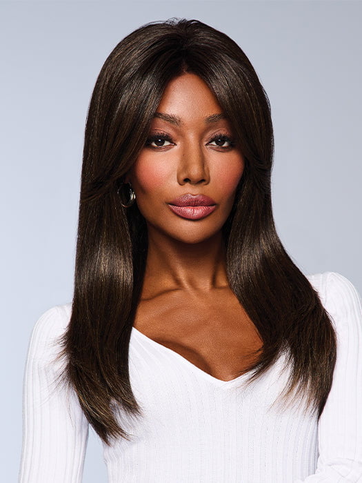 Model is wearing CHARICE in color MC4/10SS ESPRESSO MARTINI | Dark Brown with Lighter Brown Highlights