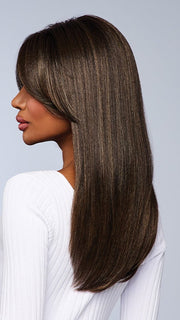 Model is wearing CHARICE in color MC4/10SS ESPRESSO MARTINI | Dark Brown with Lighter Brown Highlights