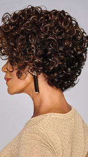 This short synthetic wig has spiral curls that are cropped in a stacked V-shape