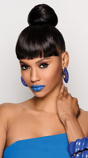 SLEEK STYLE BUN & BANGS by Kim Kimble in MC2/4 CHOCOLATE TRUFFLE | Black Evenly Blended with Dark Brown Highlights