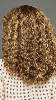Model is wearing ZARIYA by KIM KIMBLE in color MC11SS BUTTER PECAN | Medium Brown with Golden Blonde Highlights
