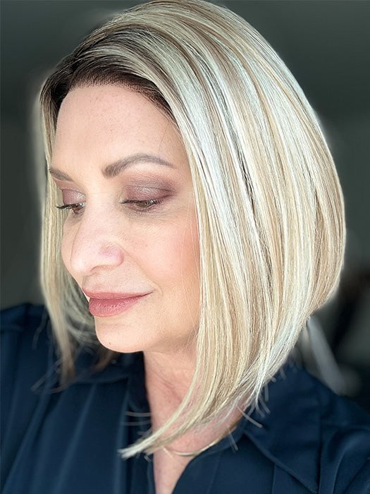 Emily H. @she_sheds_more wearing KAI by RENE OF PARIS in color ROSE-GOLD-R | Blond base with reddish highlights and roots